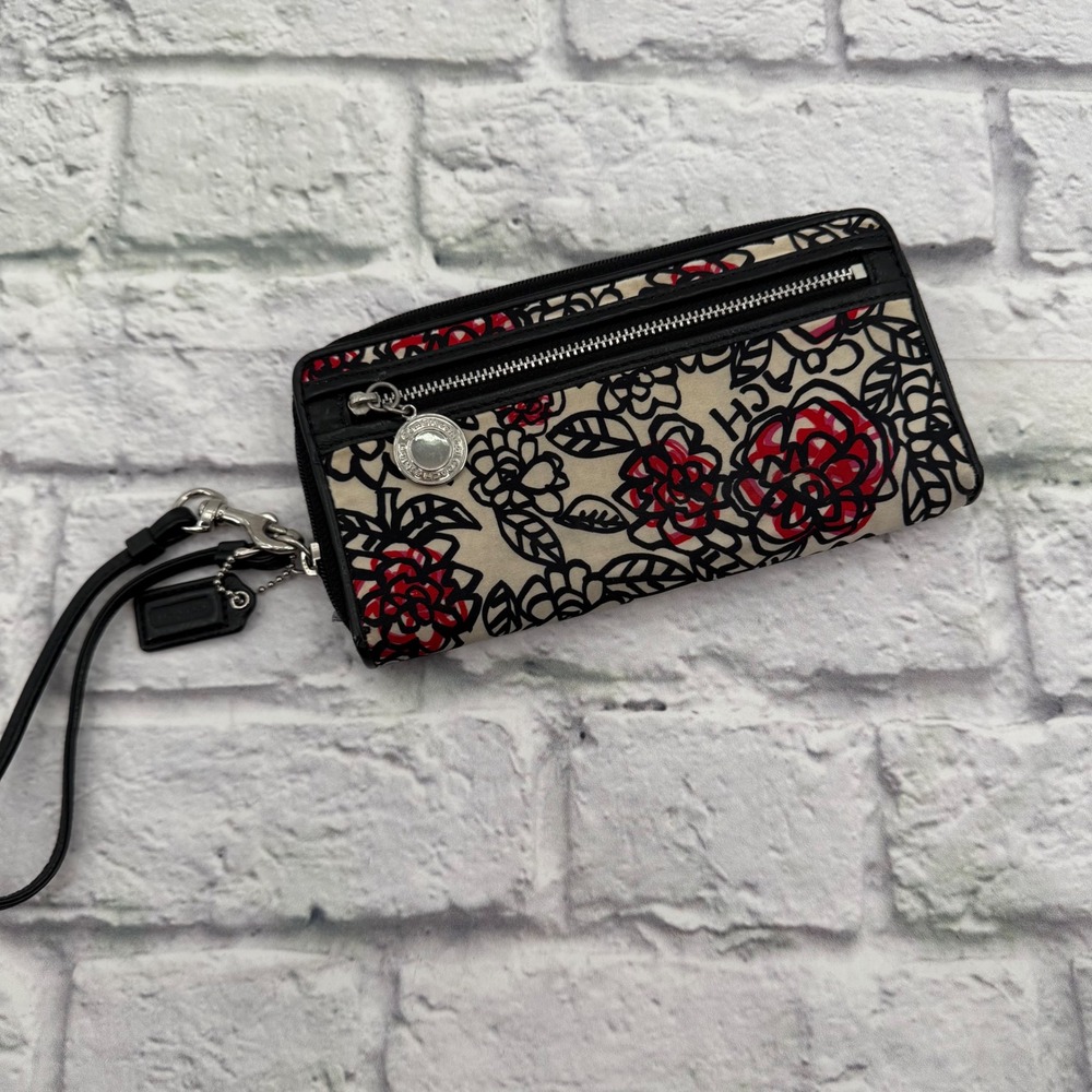Coach Poppy Wristlet Wallet Black Tan Red Floral Graffiti Canvas Zip Around